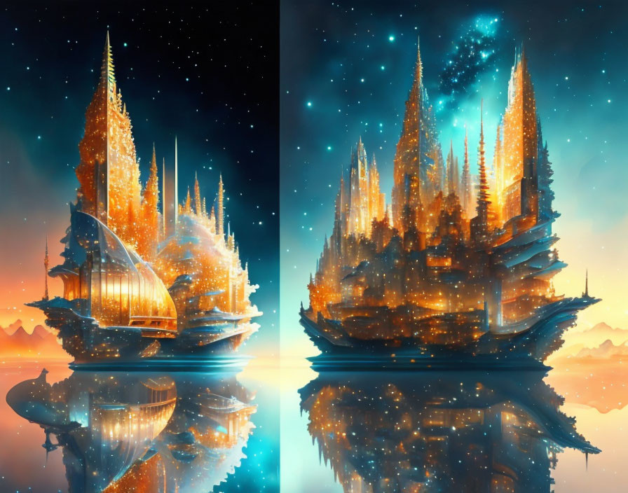 Fantastical image of two floating crystal cities under starry sky