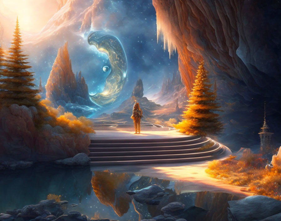 Figure on Steps in Fantastical Landscape with Cliffs, Pond, and Swirling Sky