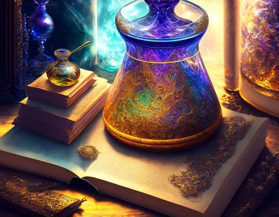 Glass potion bottle glowing on ornate book with inkwell, mystical backdrop