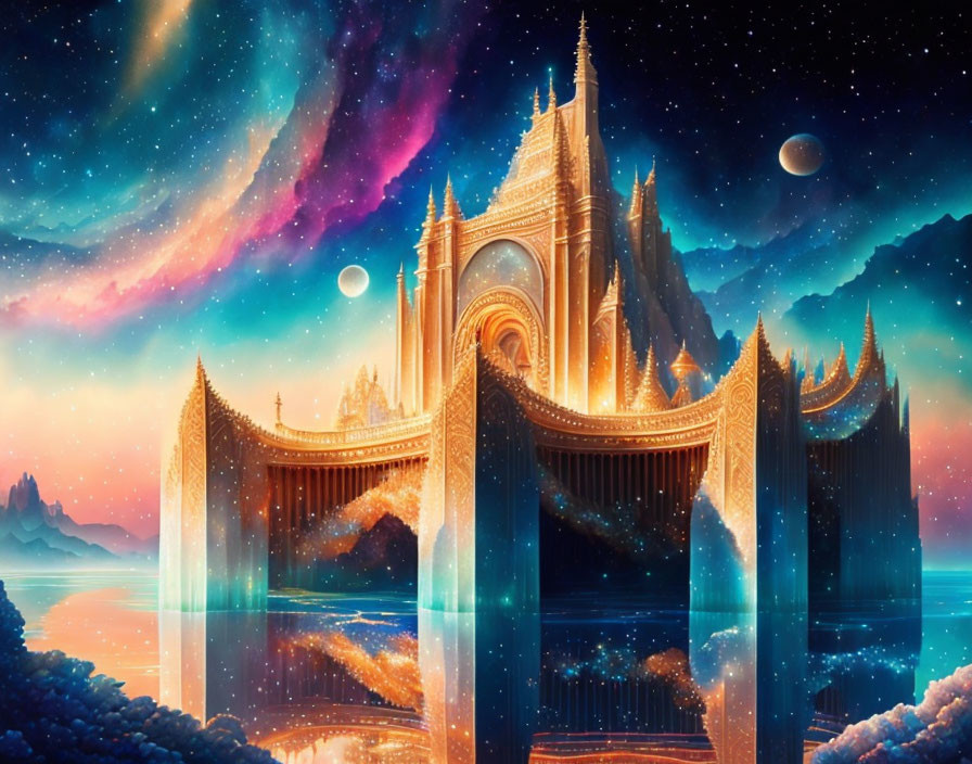 Fantastical castle with towering spires in cosmic setting