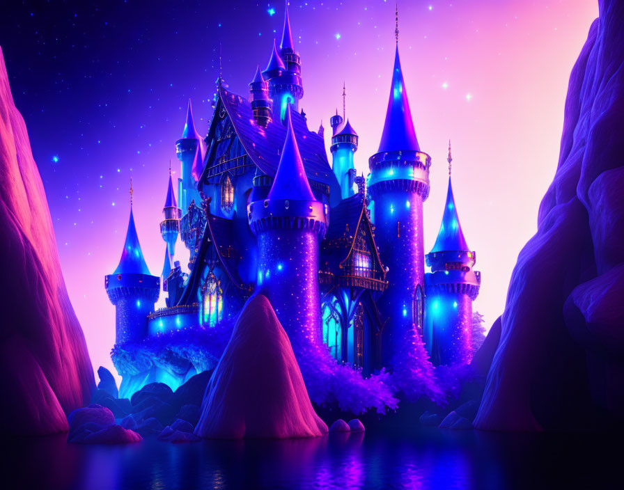 Enchanting fairytale castle illuminated by blue and purple lights at night