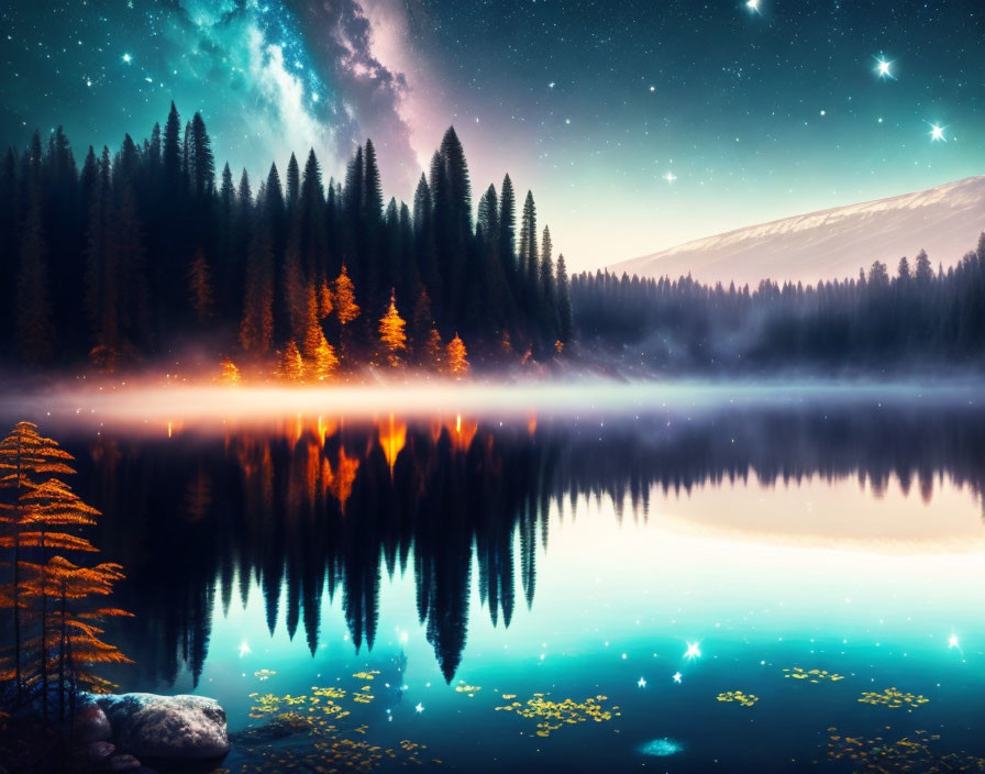 Starry night scene with lake reflection and illuminated trees