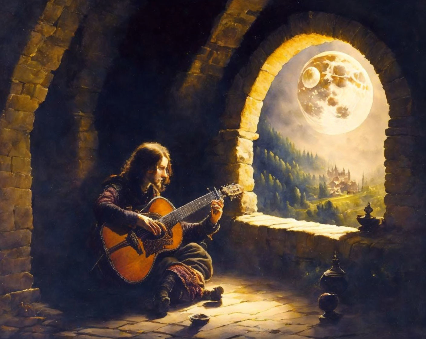 Musician playing lute in stone doorway under full moon