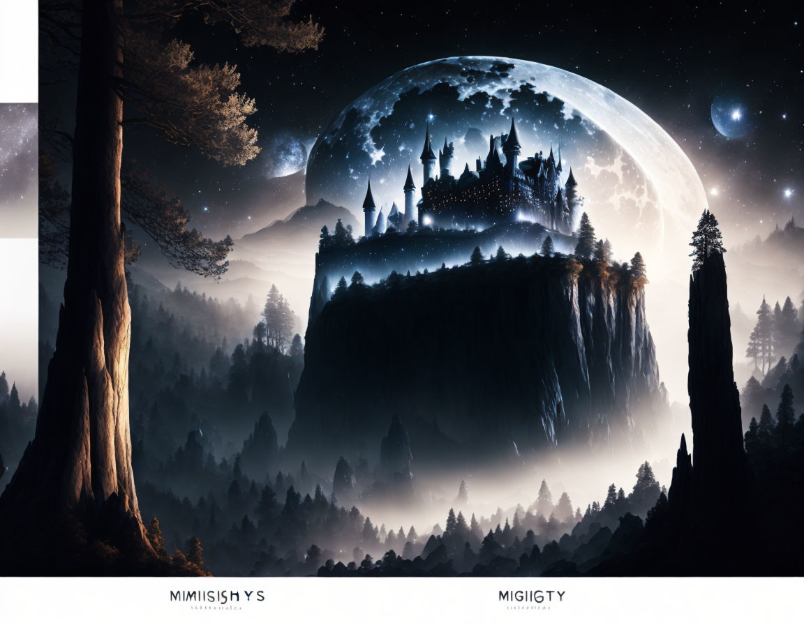 Enchanting night scene: castle on floating island under huge moon