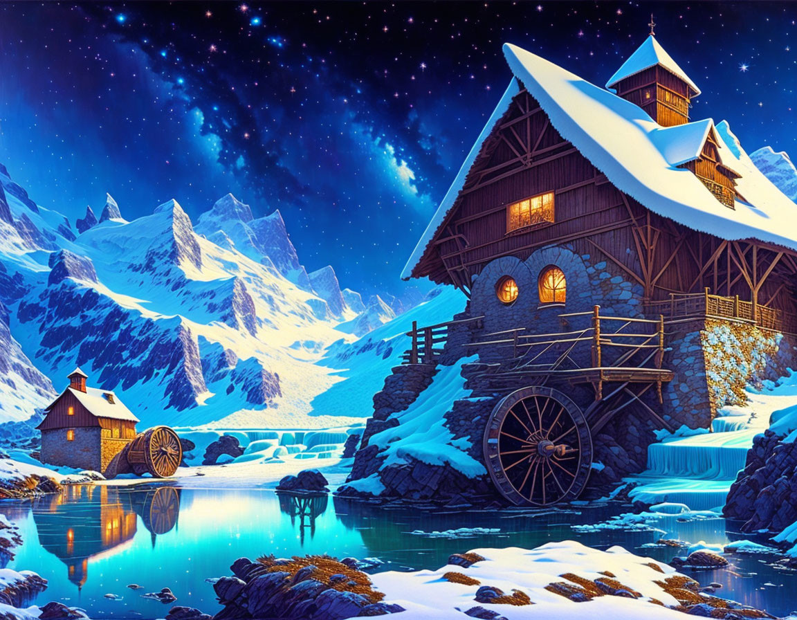 Snowy winter night scene: mill with waterwheel, frozen river, starry sky, mountains.