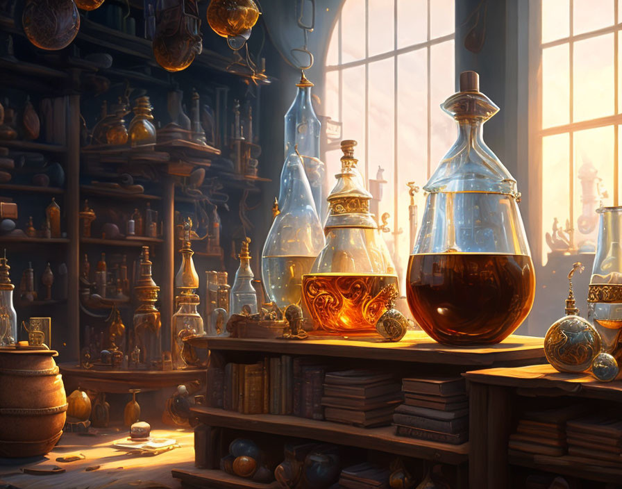 Sunlit Apothecary with Books & Amber Bottles