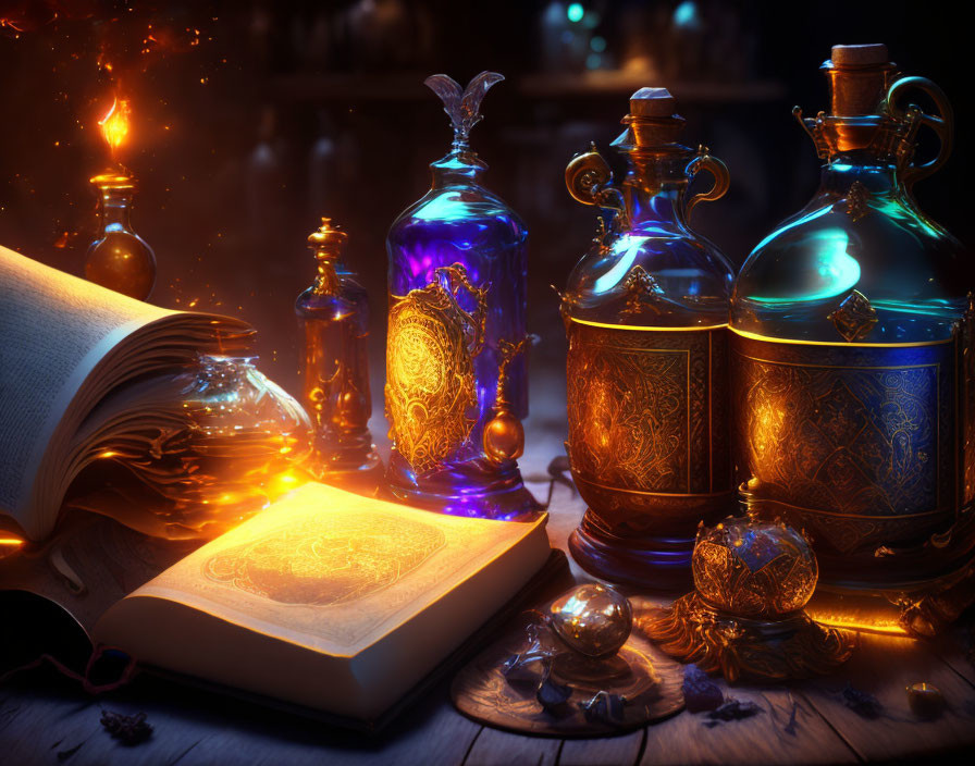 Open book with glowing symbols, elegant bottles, and crystal ball on wooden table