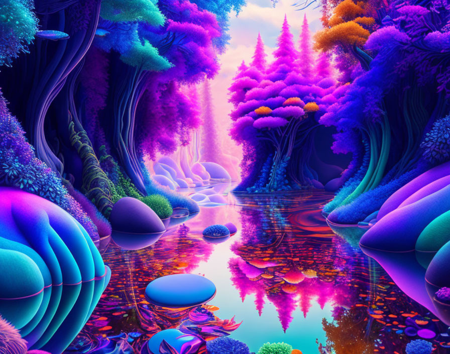 Colorful Fantasy Landscape with Neon Trees and Otherworldly Flora