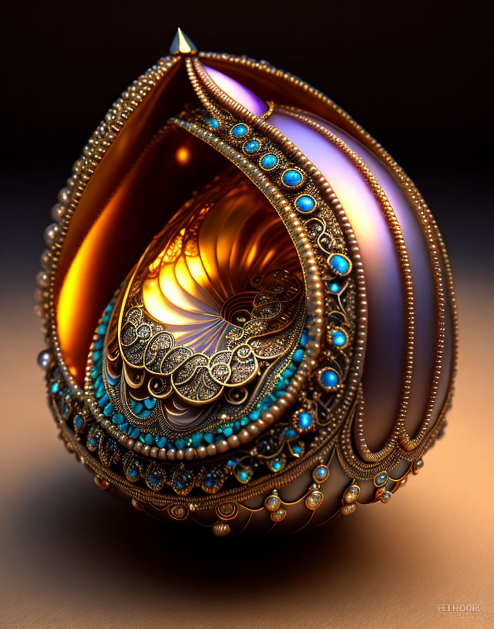 Intricate golden patterns on teardrop-shaped object with turquoise beads