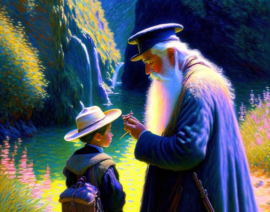 Elderly wizard passing ring to young boy in sunlit forest