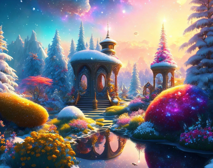 Vibrant winter landscape with starry sky, colorful trees, reflective pond, and ornate gaze