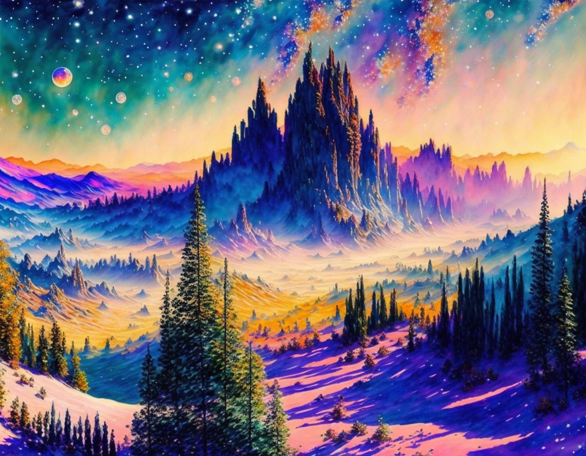 Fantastical landscape painting with purple and golden hues, pine trees, mountains, starry sky.