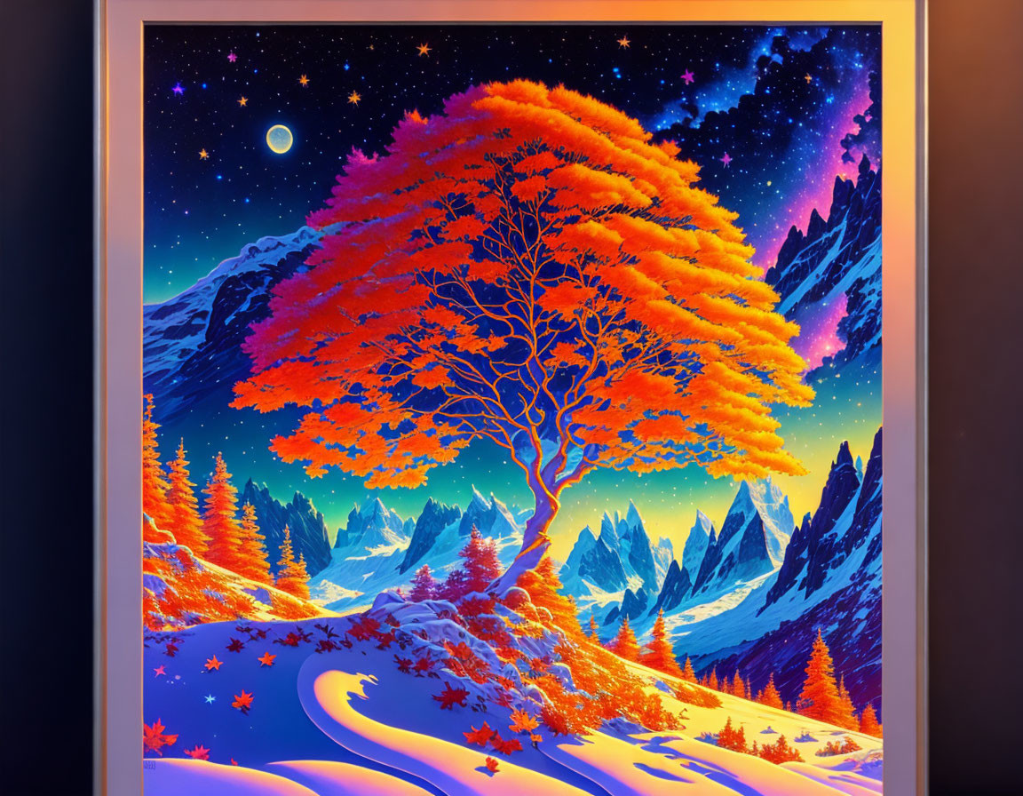 Colorful autumn tree under starry night sky with snowy mountains.