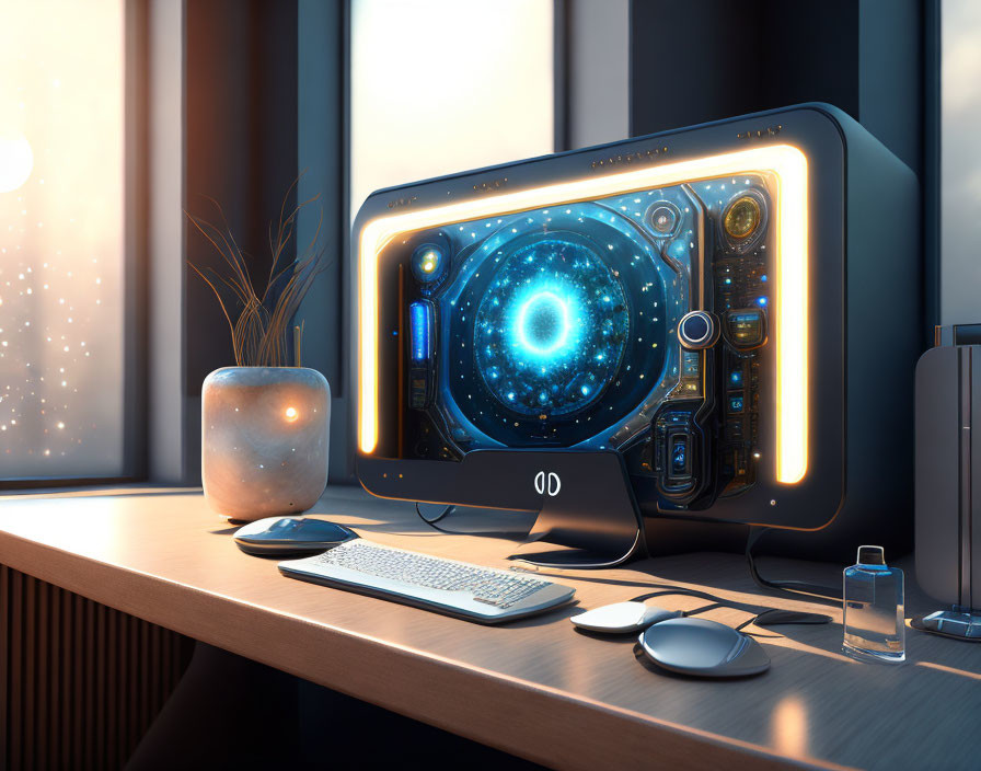 Futuristic computer setup with cosmic display at sunrise or sunset