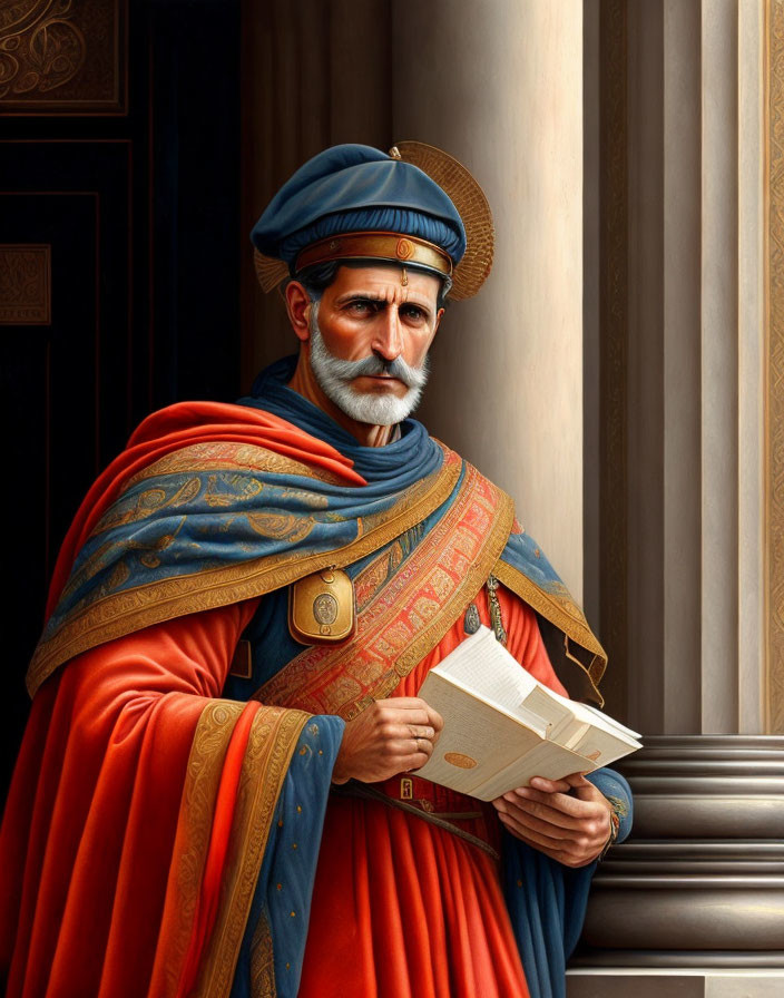 Historical figure in Roman attire with book, columns in background