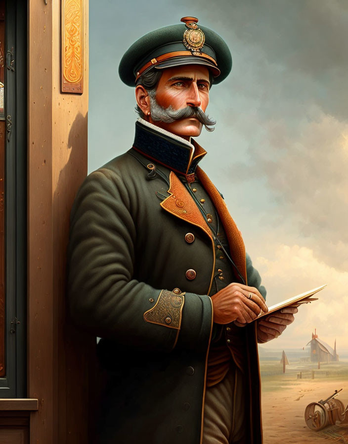 Military man in uniform with medals and mustache by wooden door and cannon.