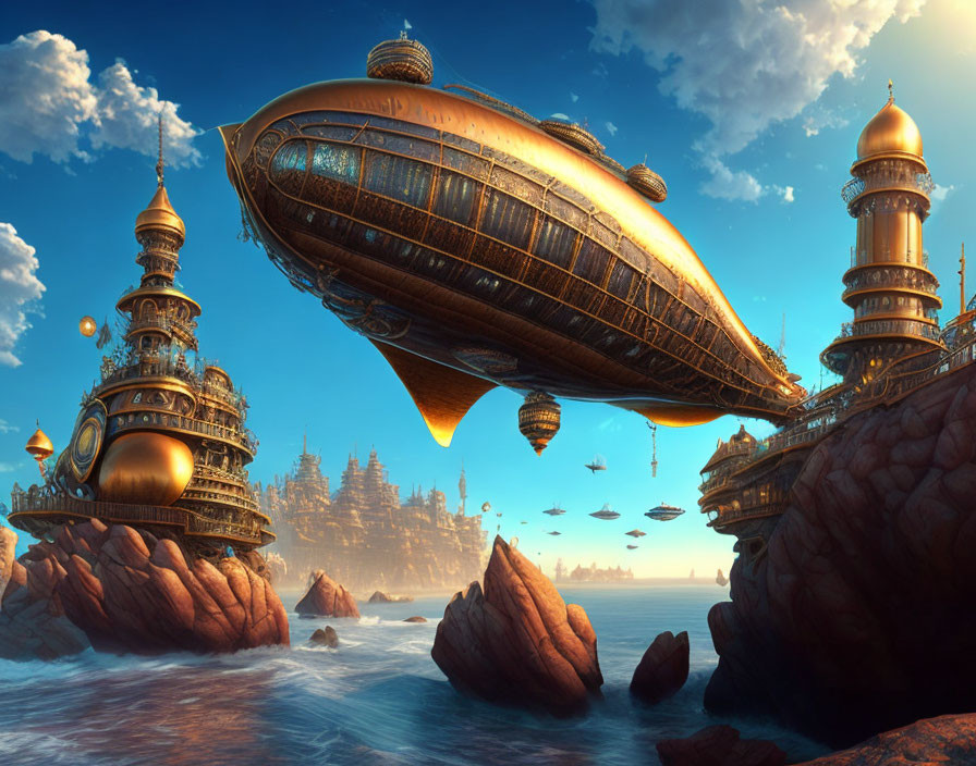 Steampunk cityscape with ornate buildings and airships over ocean under cloudy sky