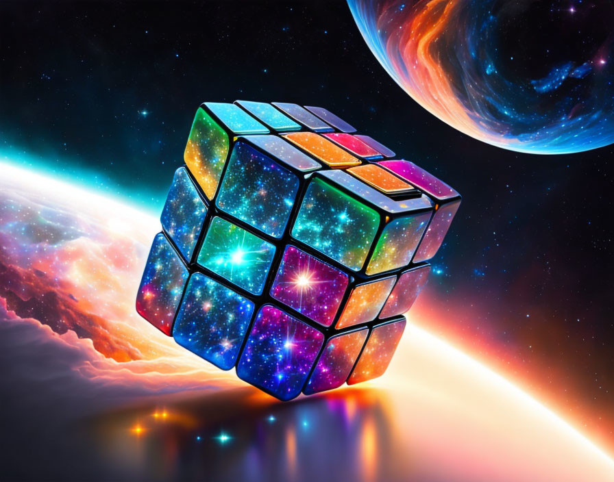 Cosmic-themed Rubik's Cube with galactic images floating in space