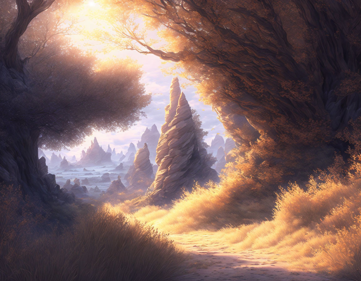 Tranquil fantasy landscape with sunlit path, ancient trees, and misty mountains