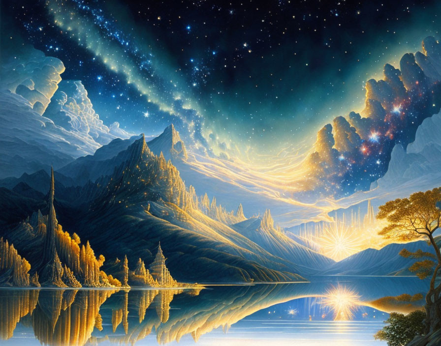 Tranquil lake, mountains, trees under starry sky with cosmic phenomenon