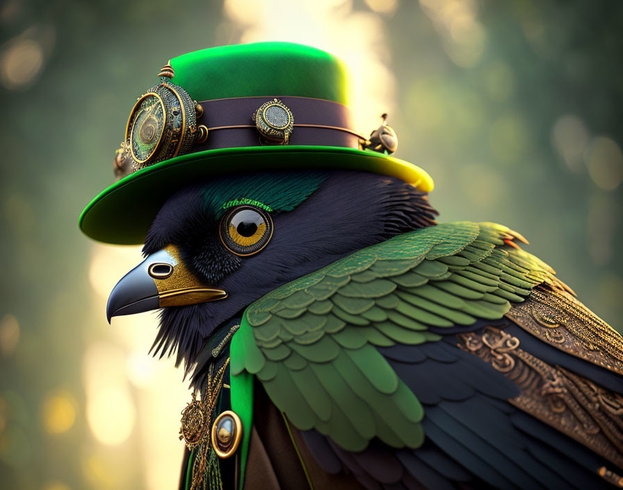 Stylized bird with human-like attire in green top hat against forest background