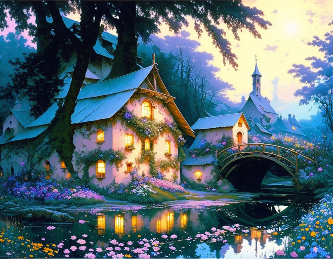 Fairytale-like landscape with cottage, church, river, flowers, and starry sky.