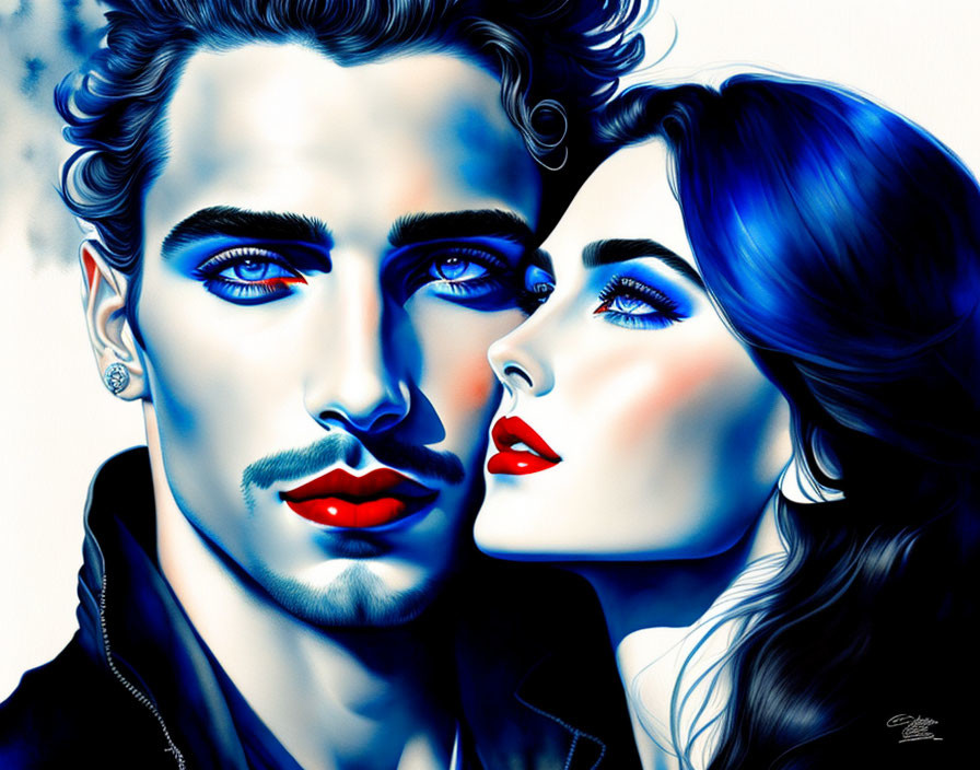 Illustrated portrait of man and woman with vivid blue eyes, dark hair, and red lips