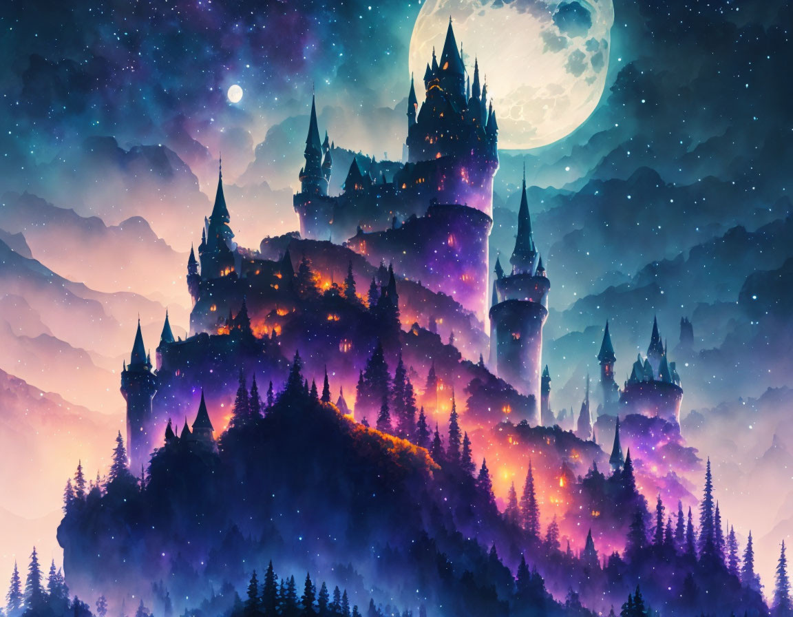 Majestic castle on misty hill under starry sky