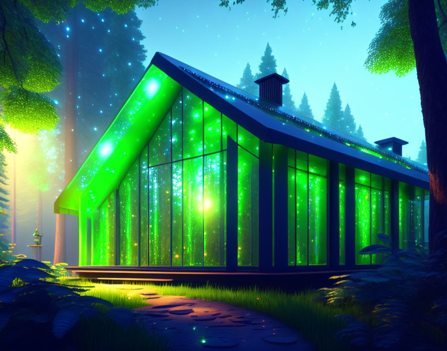 Modern House with Green Lighting in Twilight Forest