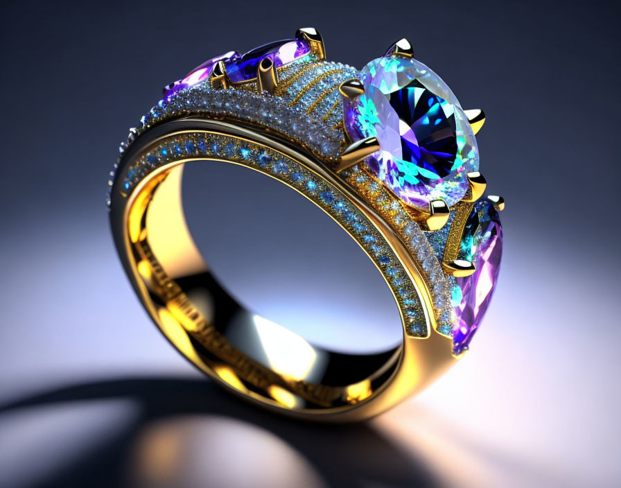 Blue and Purple Gemstone Gold Ring with Diamonds on Reflective Surface