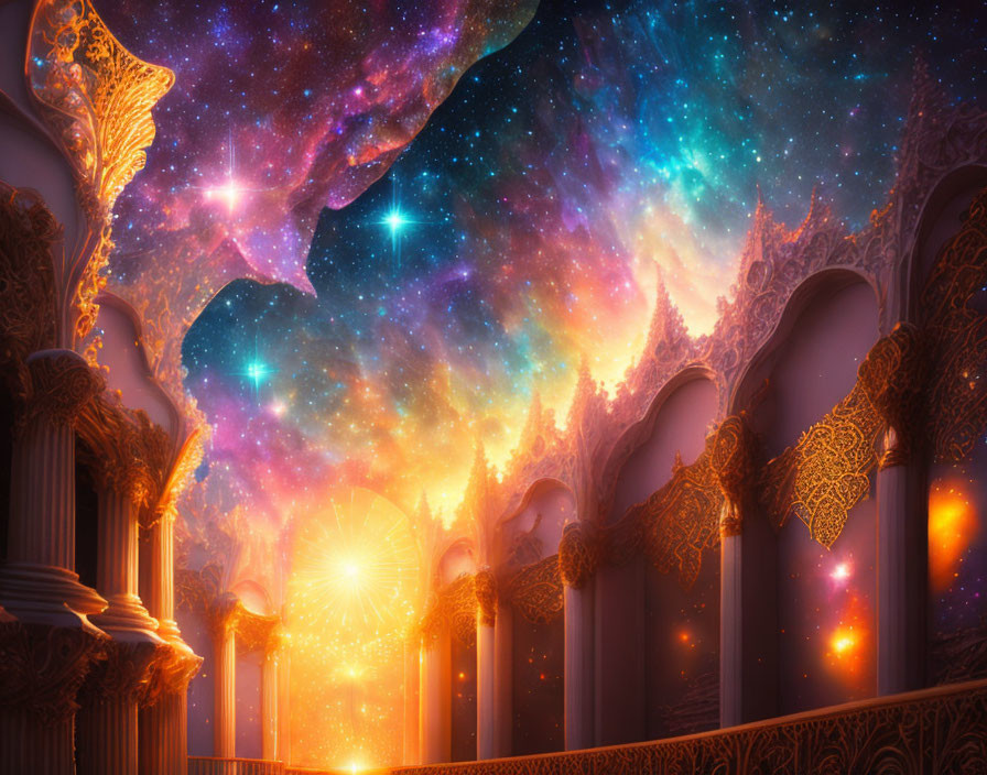 Fantasy corridor with ornate pillars under cosmic sky