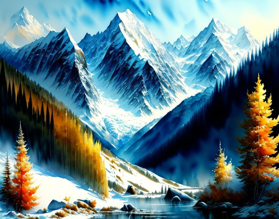 Scenic painting of snowy mountains, river, forest, autumn trees, blue sky