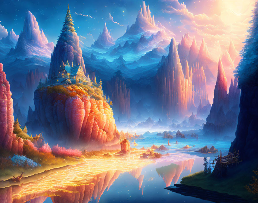 Vivid sunset landscape with castle, mountains, water, and colorful flora