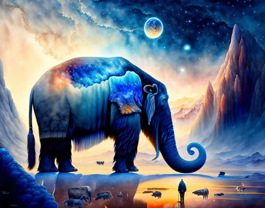 Cosmic elephant with star-filled body in surreal landscape