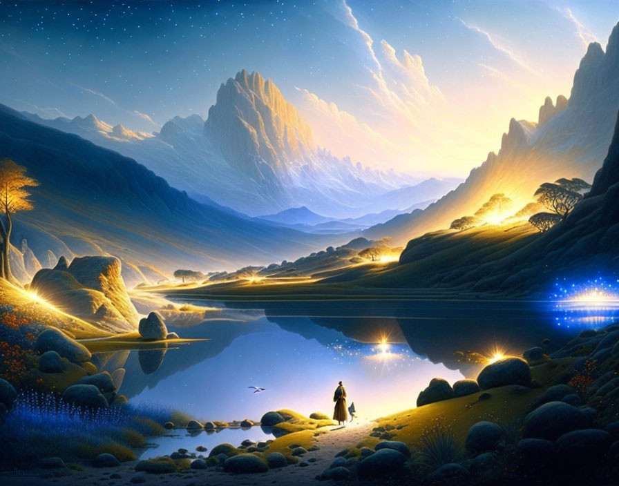 Tranquil dusk landscape with reflective lake, illuminated rocks, starry sky, and distant mountains