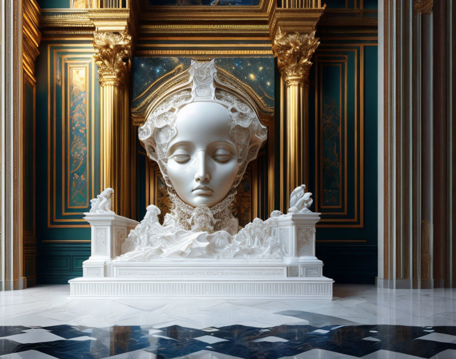 Opulent room with classical architecture and surreal sculpture.