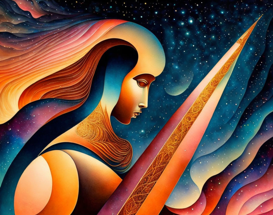 Vibrant illustration of stylized female figure in cosmic setting