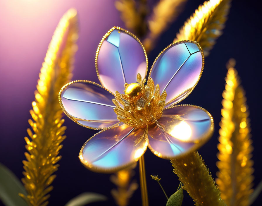 Golden mechanical flower with blue iridescent petals in wheat field on purple background