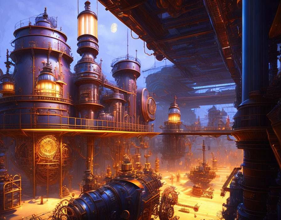 Steampunk cityscape at twilight with glowing lights, towering structures, gears, and pipes