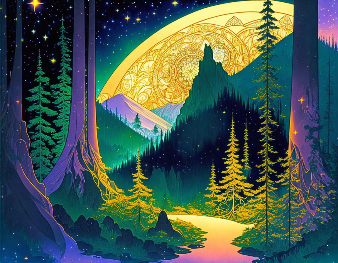 Colorful night forest scene with ornate moon and stars