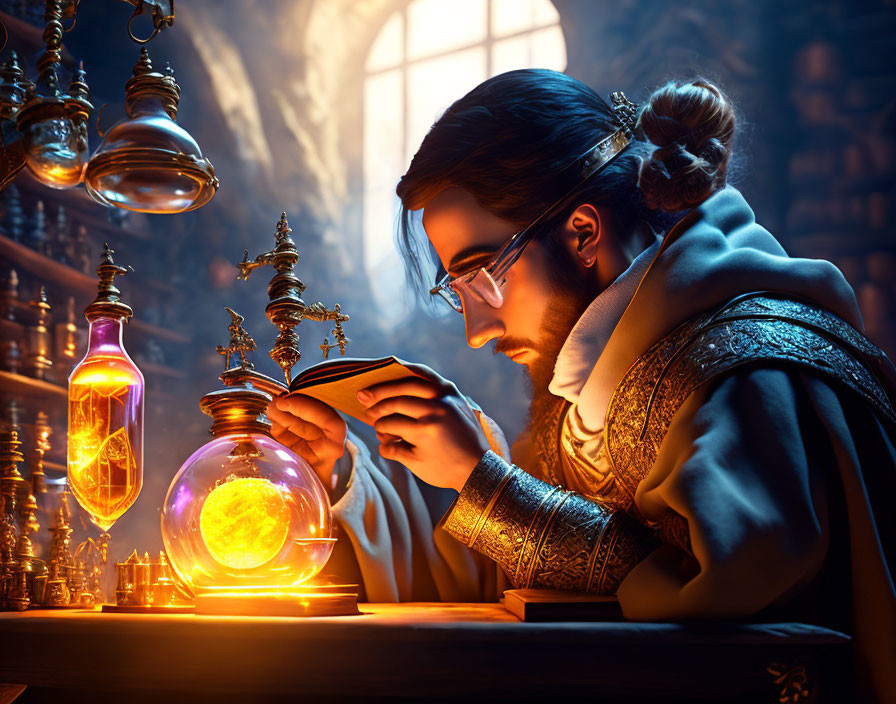 Man in historical attire studying book in candlelit room with mysterious bottles and illuminated orb