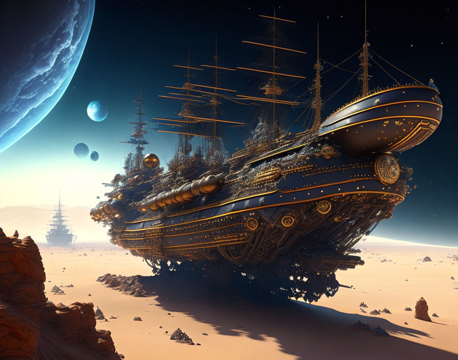 Steampunk-style airship above desert planet with celestial bodies