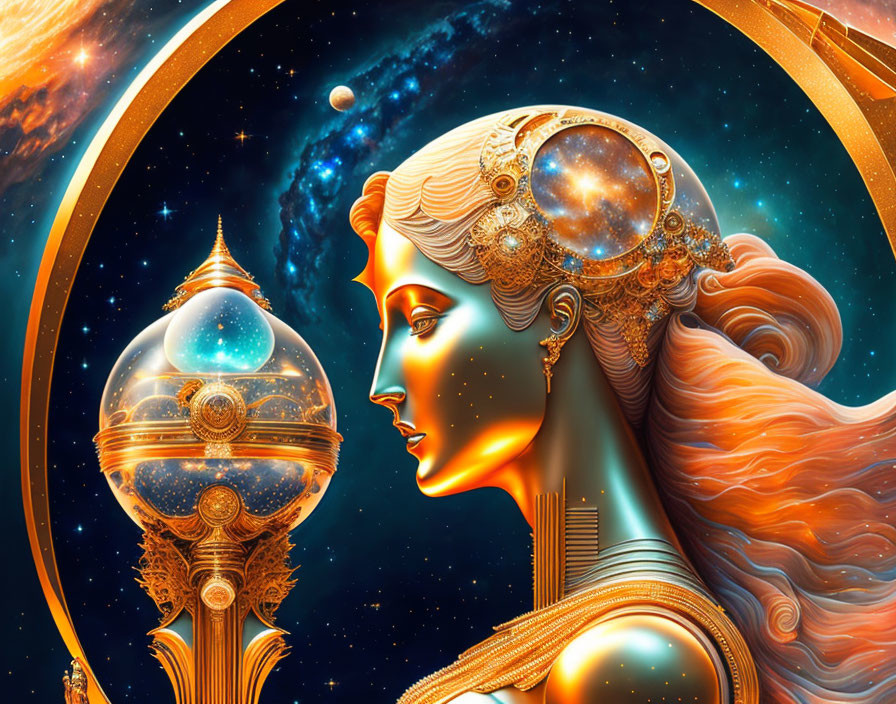 Cosmic-themed woman's profile with architectural hair in starry space.