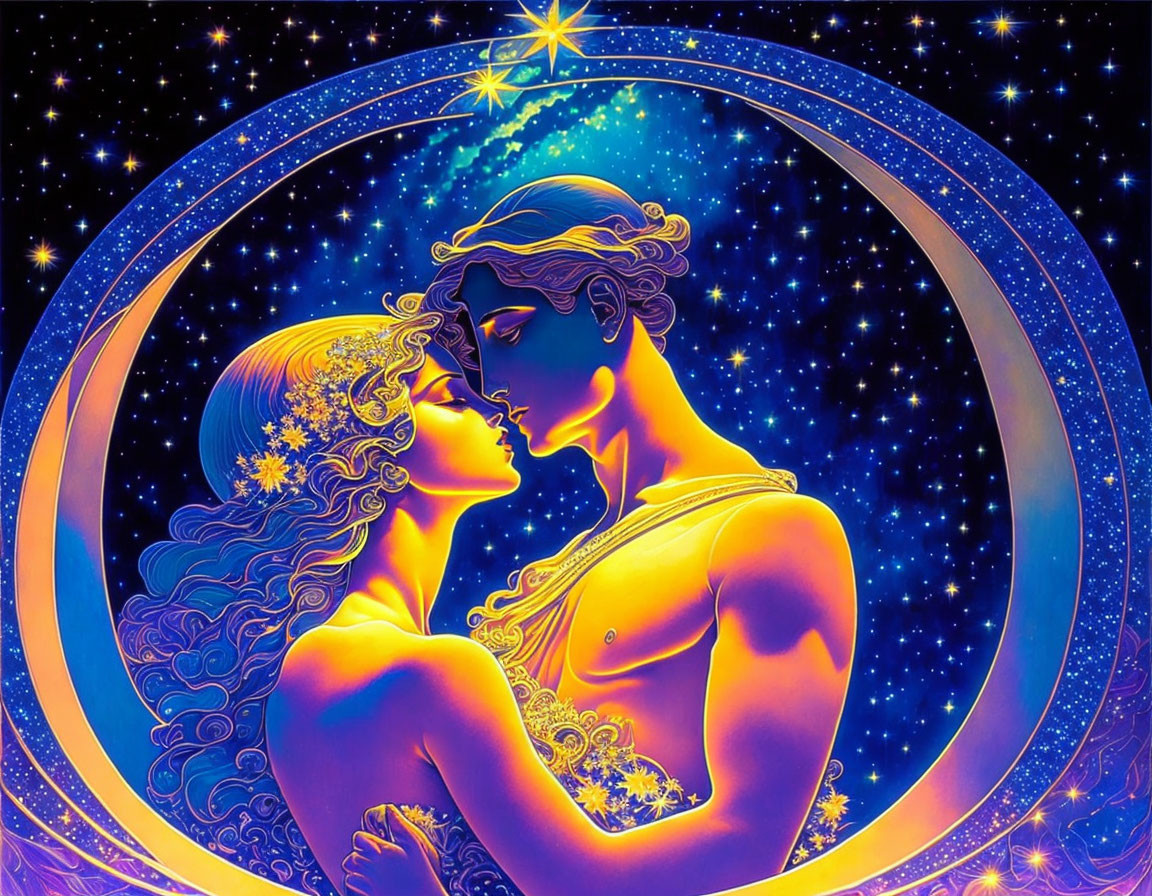 Illustrated couple embraces in celestial oval frame with cosmic patterns in blue and yellow.