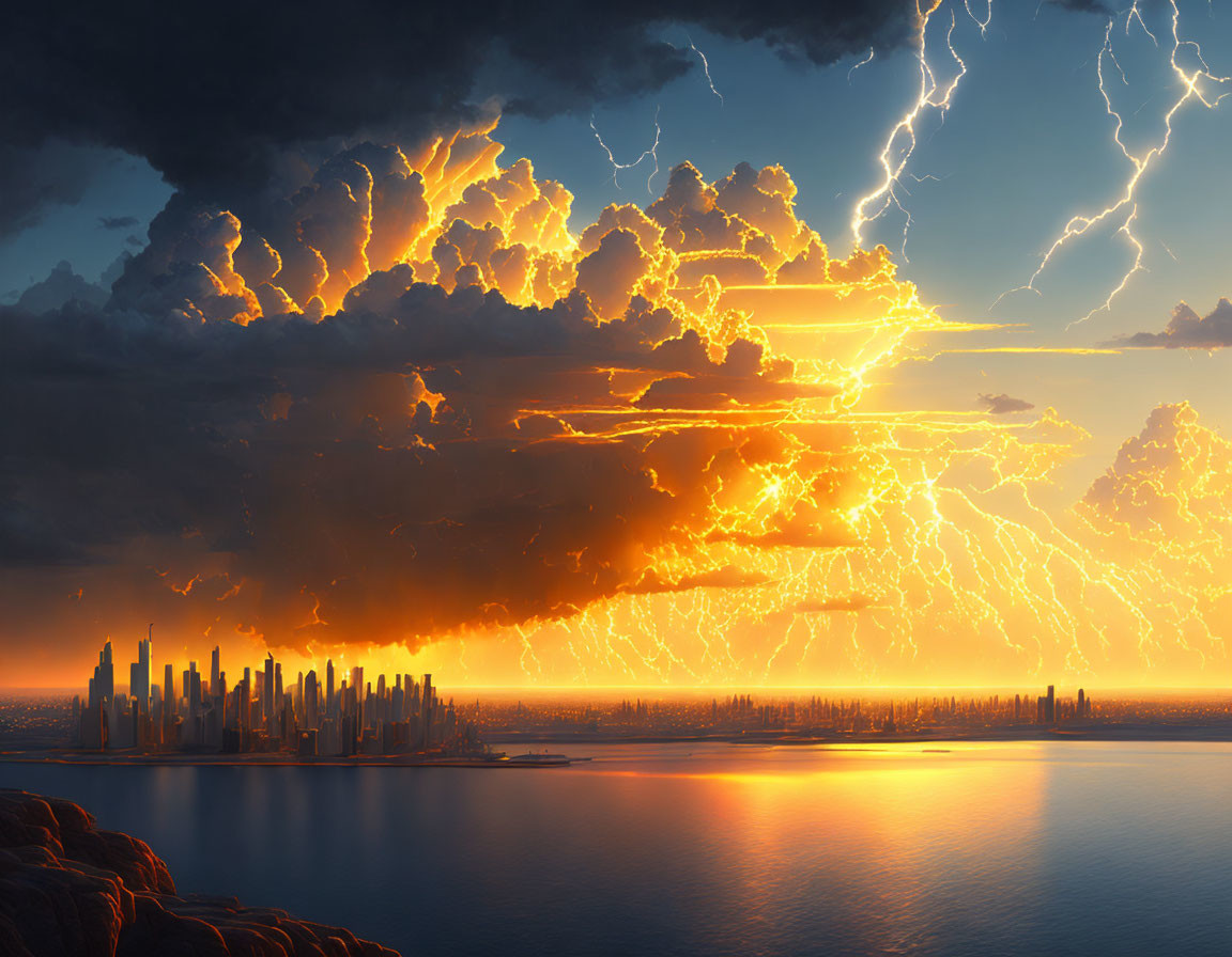 City skyline at sunset with thunderclouds and lightning strikes.