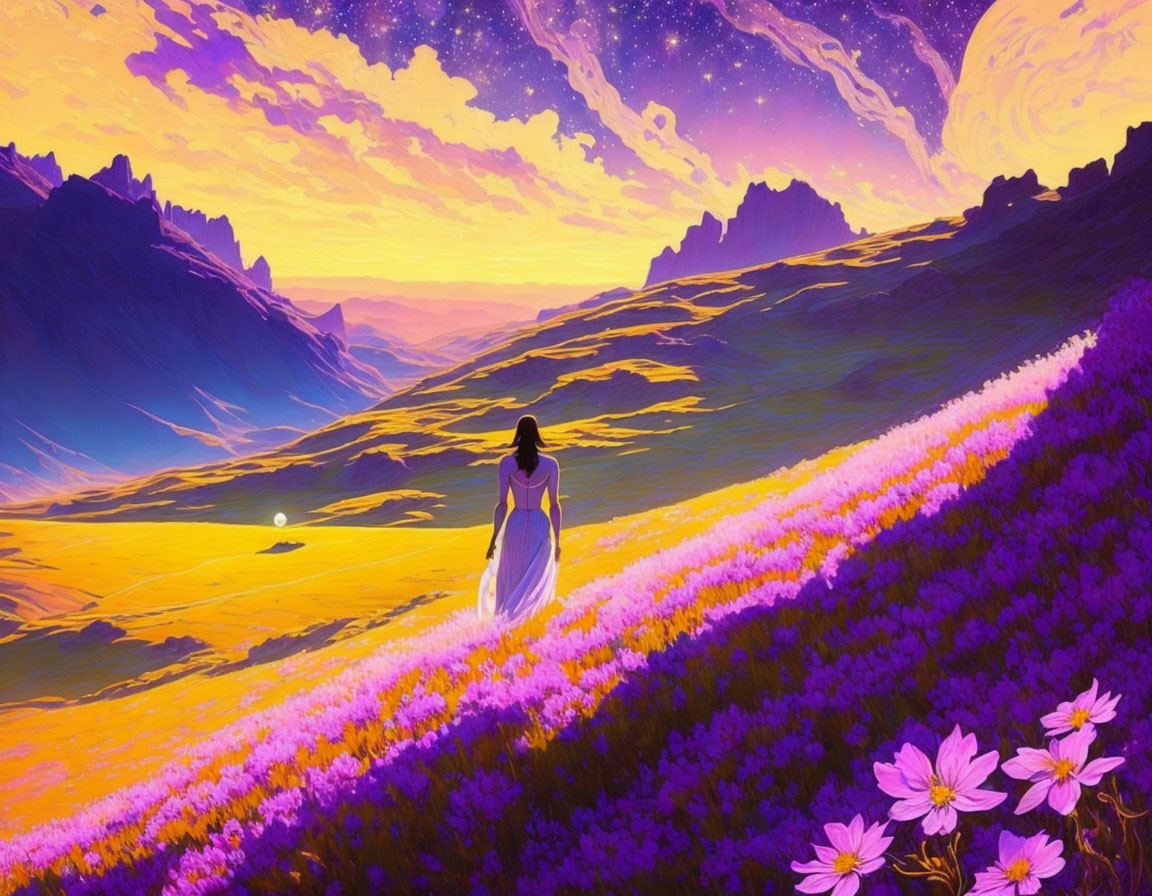 Woman in white dress in vibrant purple flower field under fantastical sky