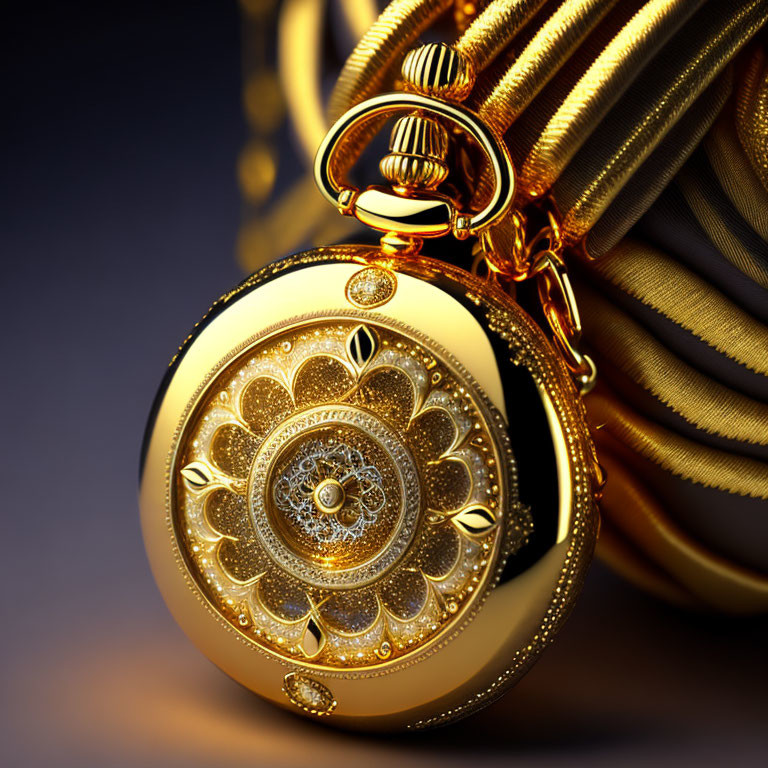 Golden Pocket Watch with Intricate Designs and Jewels on Gold Chain