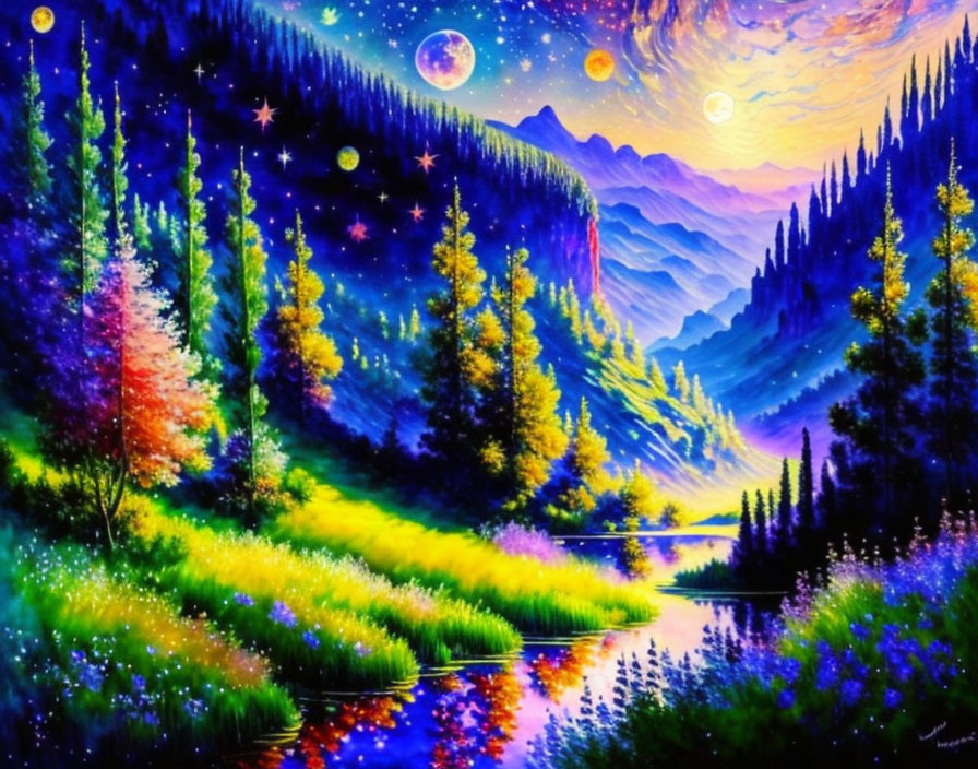 Colorful Magical Forest Painting with Celestial Sky & Reflecting River