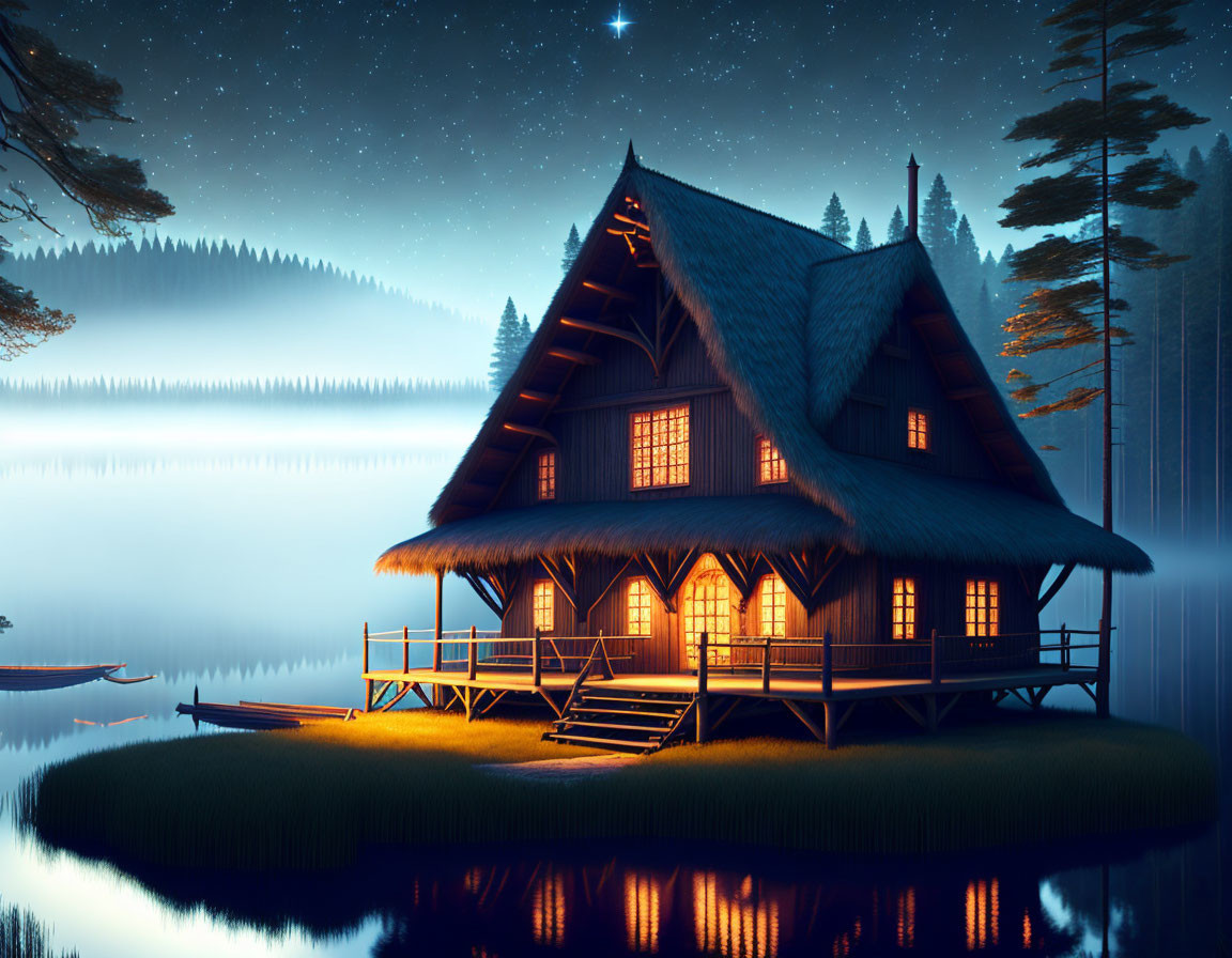 Serene lake cabin on small island under starry sky