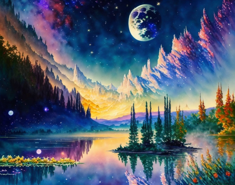 Starry Night Sky Painting with Moon Over Mountain Landscape